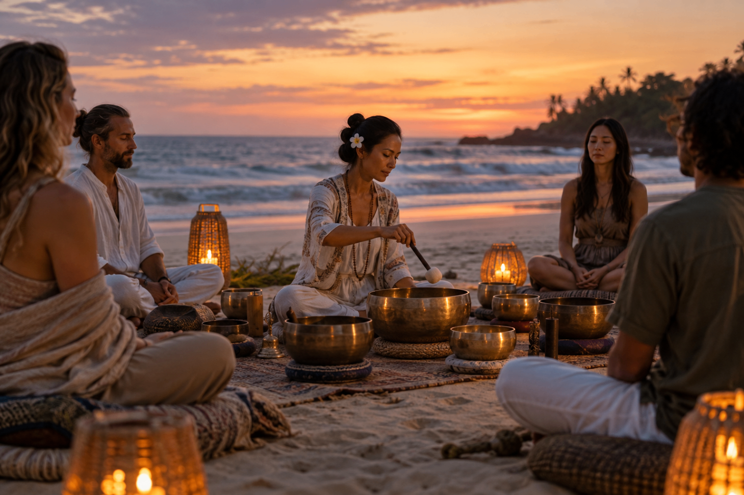 Woman practitioner and a seated group with singing bowls on a beach at sunset