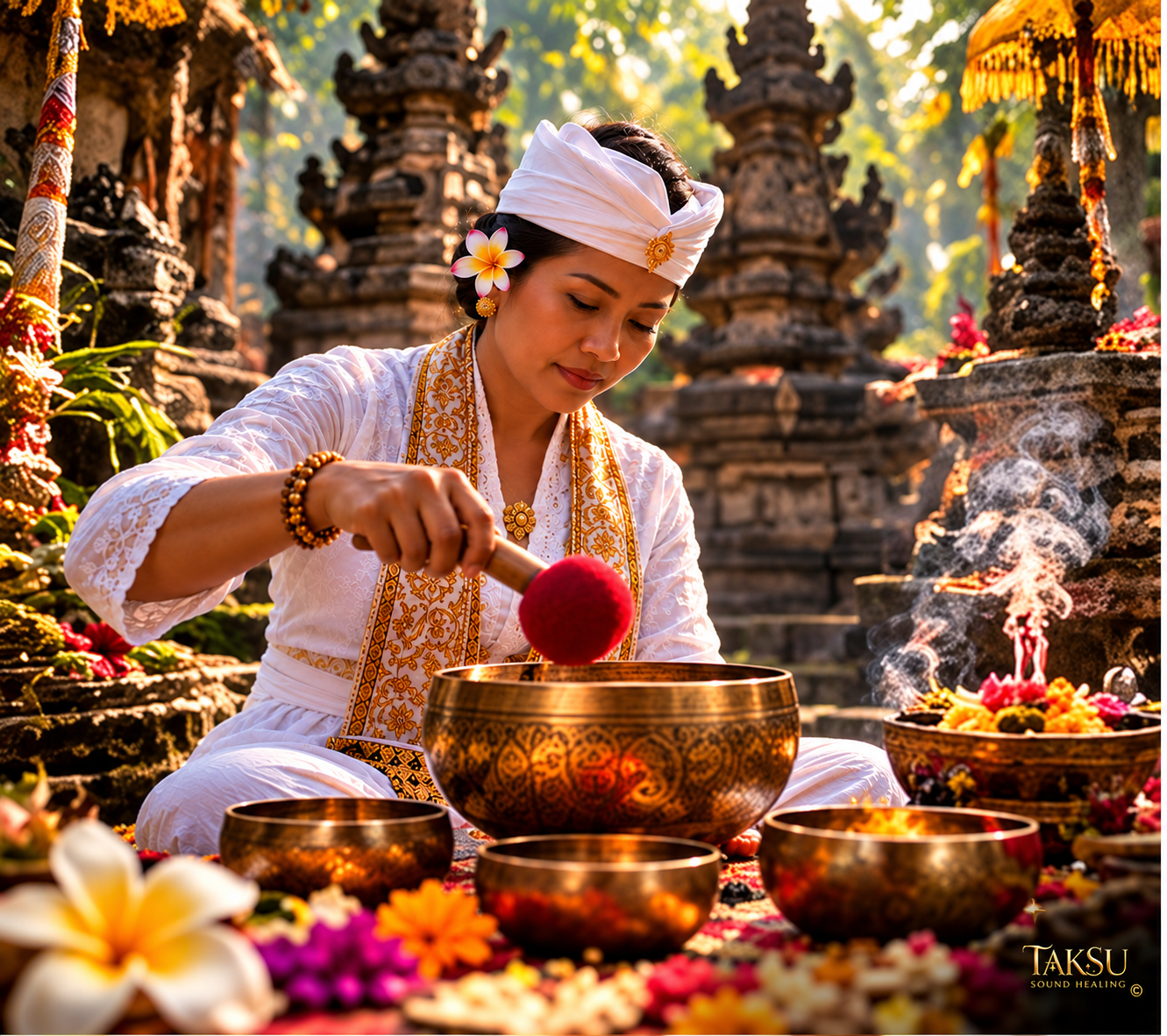 Woman practitioner in white ceremonial attire playing an engraved singing bowl at a temple