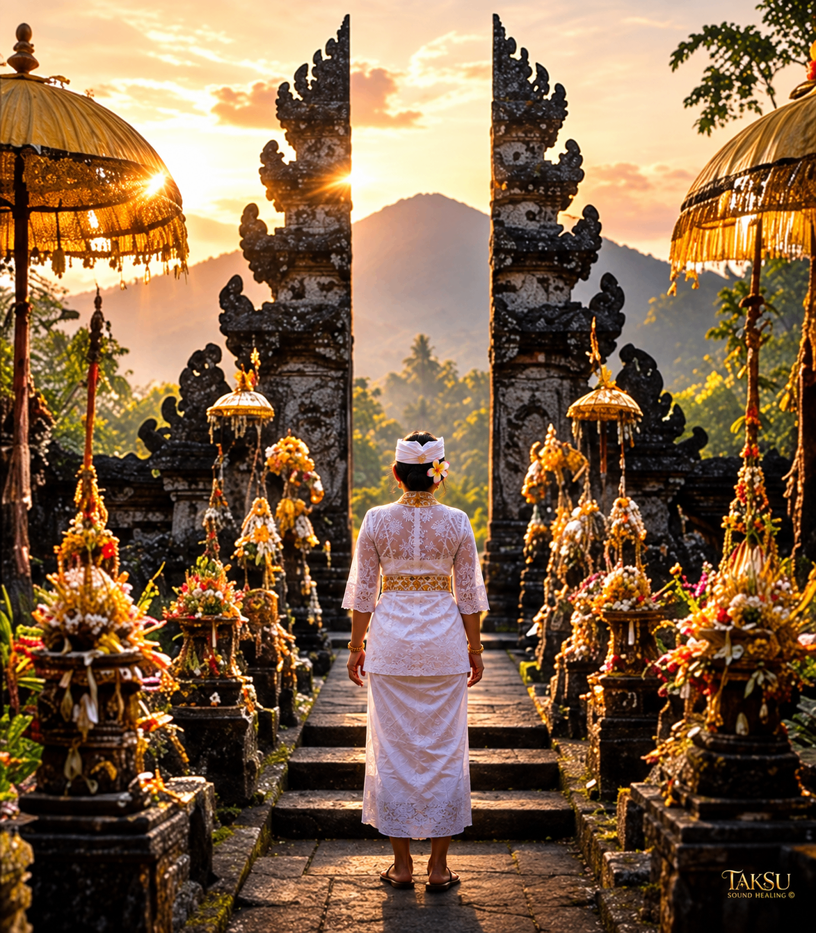 Woman in white ceremonial attire facing a Balinese temple gate at sunrise